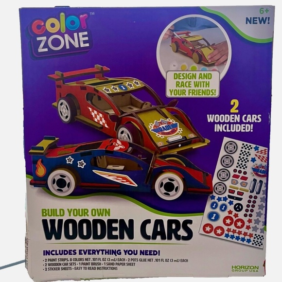 Kids Crafts Color Zone Build Your Own 2 Wooden Race Cars Paint/Stickers NIB - Picture 2 of 5